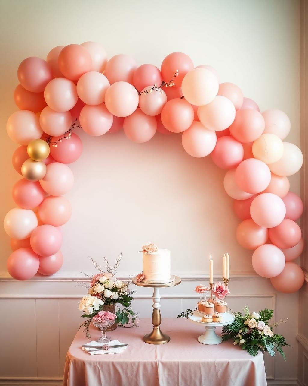Blush balloon arch over a dessert table with cake
